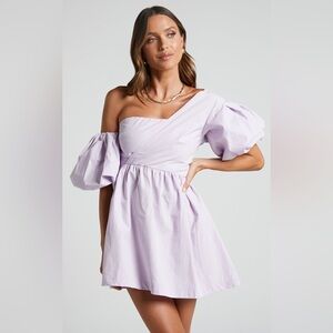 Showpo SULA MINI DRESS — Asymmetric Off One Shoulder Puff Sleeve Dress In Lilac